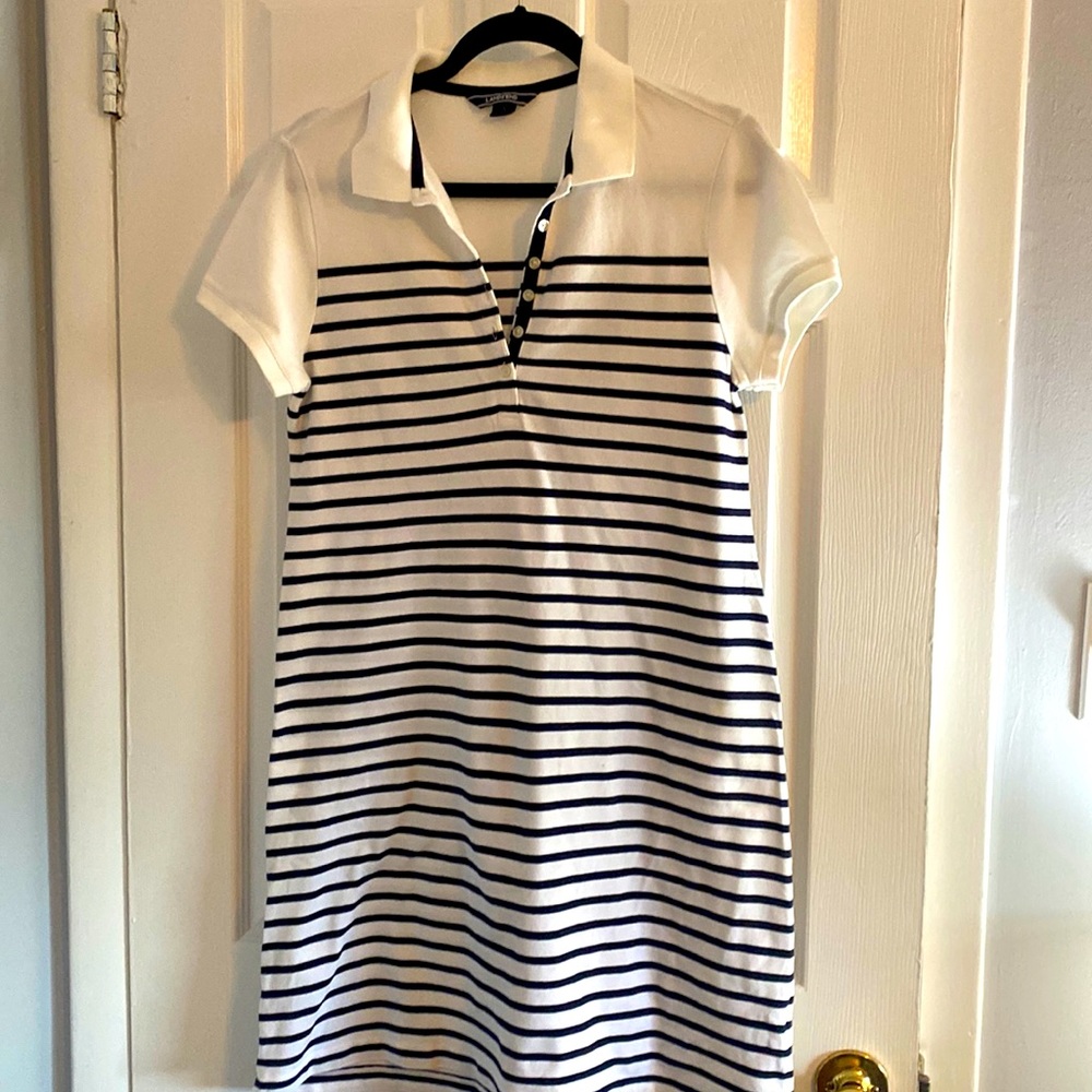 Lands End Navy and White striped tennis/midi dress.